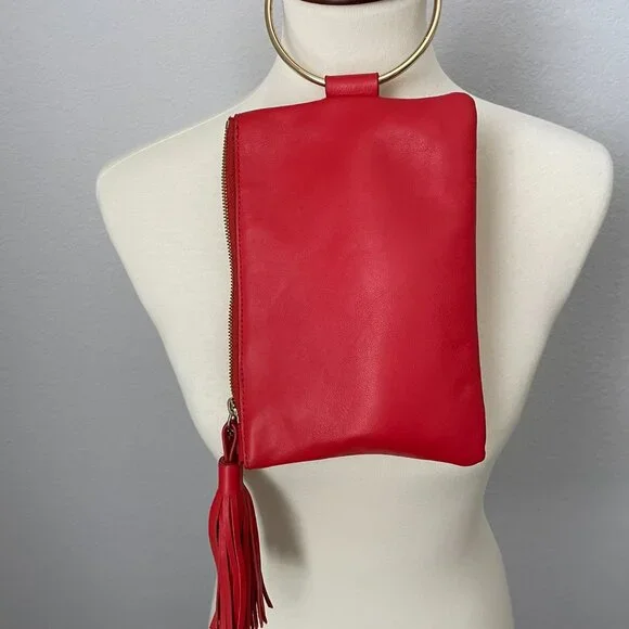 Thacker Nolita ring handle leather clutch orange cocktail tassel wristlet - Picture 4 of 8